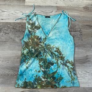 Y2K FANG Mesh Tie Dye Floral Tank Blue Sheer Boho Festival 2000s Medium